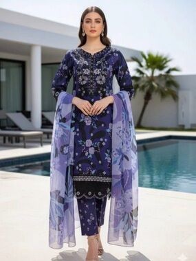 Elegant Navy & Lavender Floral Women’s Dress with Sheer Dupatta
